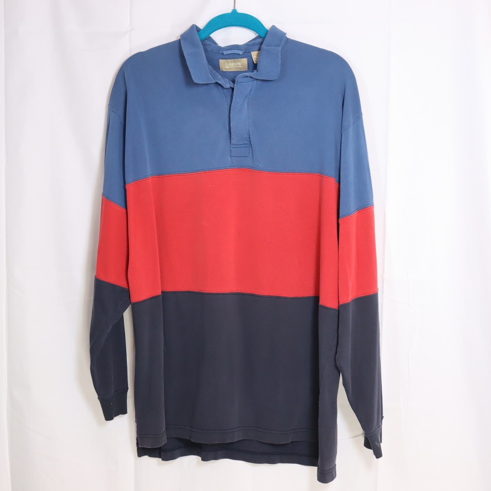 Arrow Rugby Polo Shirt Mens Large L Blue‎ Red Navy Colorblock Long Sleeve Cotton